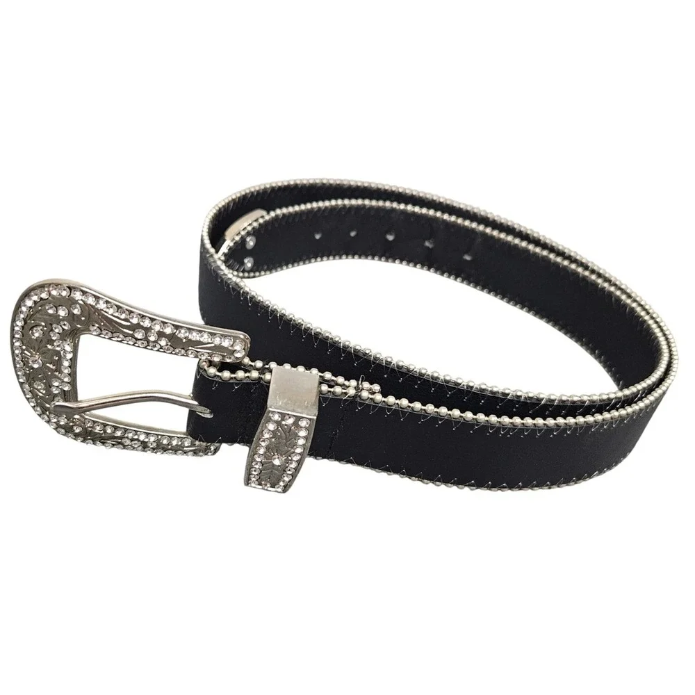 Western Rhinestone Buckle Belt Black Silver 2XL Y2K Bling Rodeo Statement Cowboy